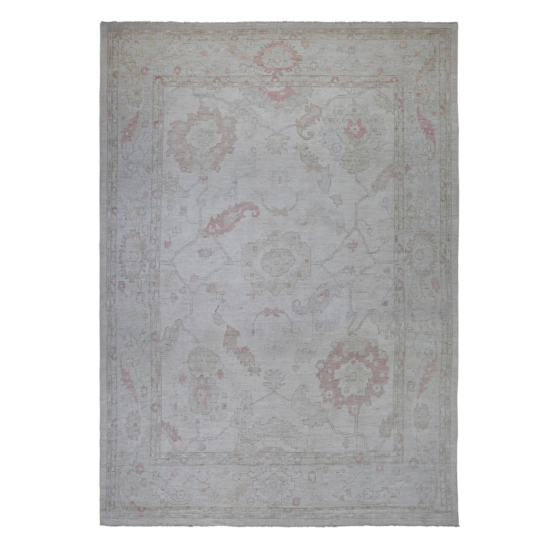 Chiffon White, Afghan Angora Oushak with All Over Leaf Design, Hand Knotted, 100% Wool, Vegetable Dyes, Oversized, XL, Oriental Rug